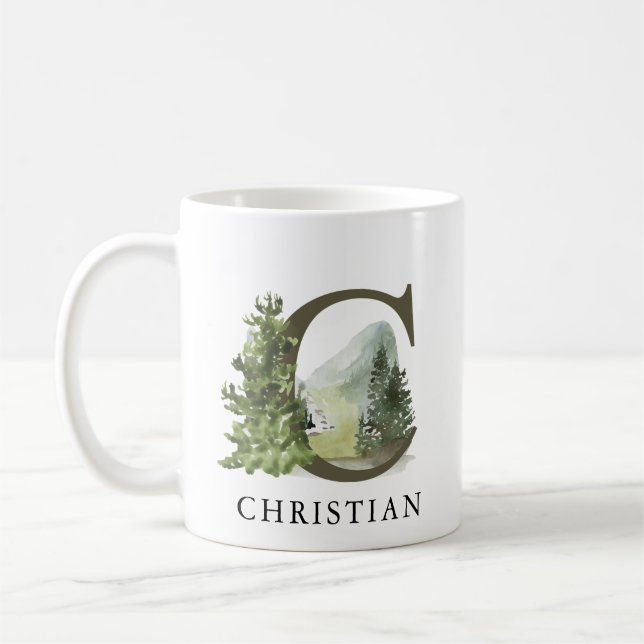 Rustic Woodland Forest Mountain Letter C Monogram  Coffee Mug (Left)