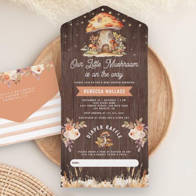 Rustic Woodland Forest Mushroom Wood Baby Shower All In One Invitation (Creator Uploaded)