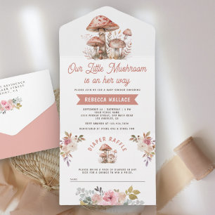Rustic Woodland Forest Pink Mushroom Baby Shower All In One Invitation