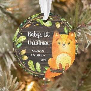 Rustic Woodland Fox Baby's First Christmas Ornament