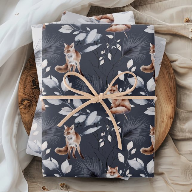 Rustic Woodland Fox Winter Leaves Wrapping Paper Sheet (Creator Uploaded)