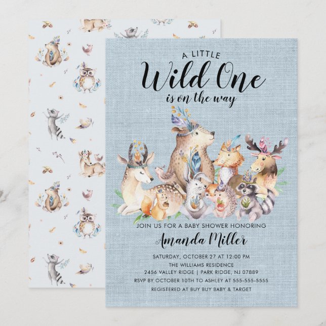 Rustic Woodland Friends Wild One Baby Shower Invitation (Front/Back)