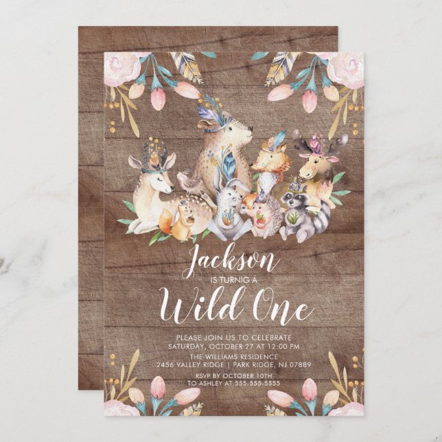 Rustic Woodland Friends Wild One Birthday Party Invitation (Front/Back)