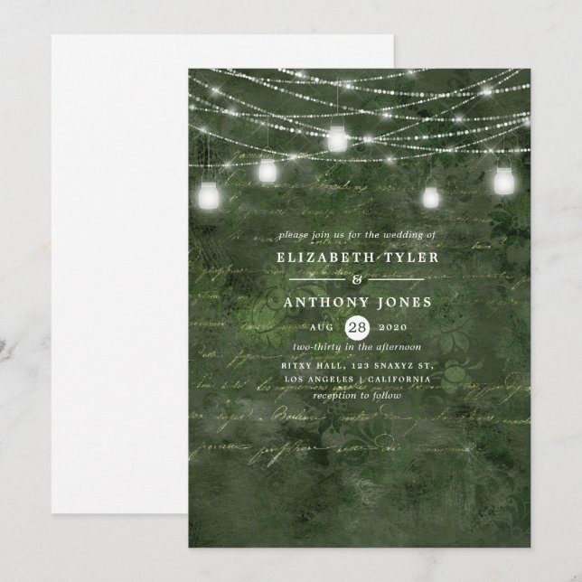 Rustic Woodland Green and Gold Calligraphy Wedding Invitation (Front/Back)
