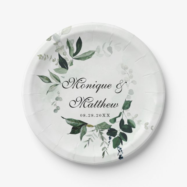 Rustic Woodland Greenery Eucalyptus Wedding Paper Plate (Front)