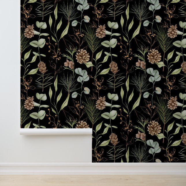 Rustic Woodland Greenery & Pinecones on Black Wallpaper (Application)