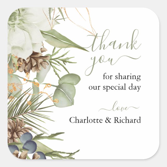 Rustic Woodland Greenery Wedding Thank you Square Sticker (Front)