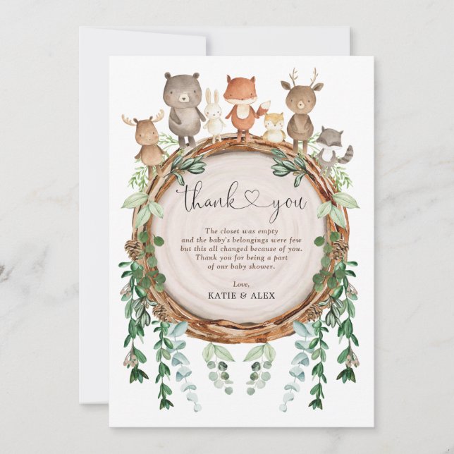 Rustic Woodland Greenery Wild Animals Baby Shower Thank You Card (Front)