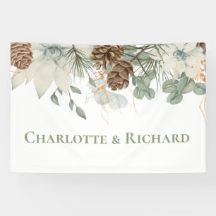Rustic Woodland Greenery with Pinecones and Names Banner