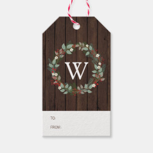 Rustic Woodland Holiday Wreath Monogram Gift Tag