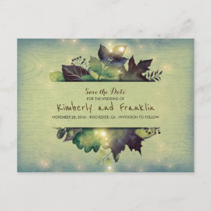 Rustic Woodland Leaves and Lights Save the Date Announcement Postcard