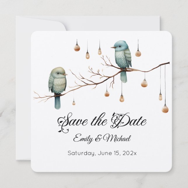 Rustic Woodland Love Birds Celebration Save The Date (Front)
