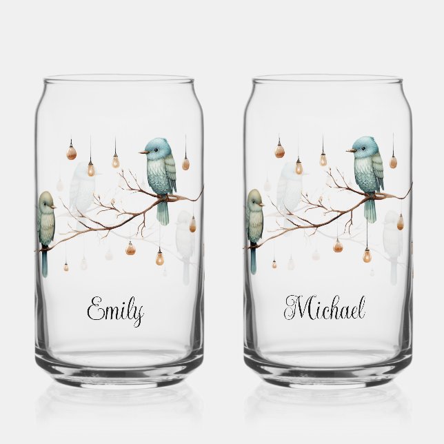 Rustic Woodland Love Birds  Romantic Wedding  Can Glass (Front)