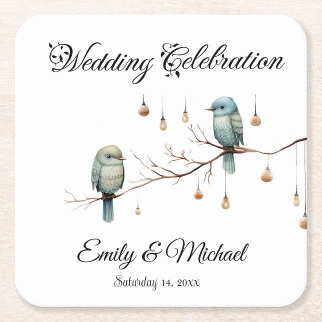Rustic Woodland Love Birds  Romantic Wedding  Square Paper Coaster (Front)