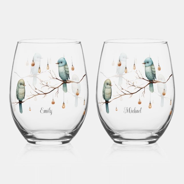 Rustic Woodland Love Birds  Romantic Wedding  Stemless Wine Glass (Front)