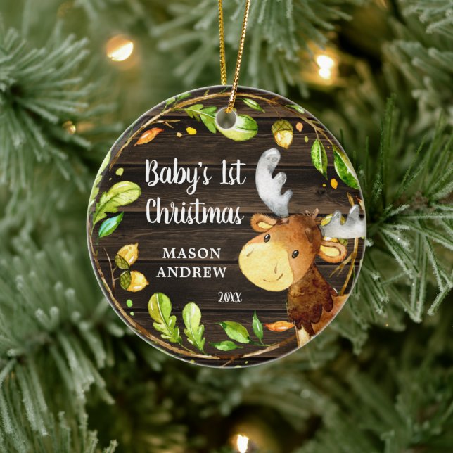 Rustic Woodland Moose Baby's First Christmas Ceramic Tree Decoration (Tree)