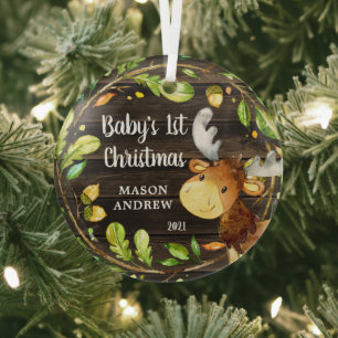 Rustic Woodland Moose Baby's First Christmas Glass Tree Decoration