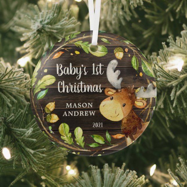 Rustic Woodland Moose Baby's First Christmas Glass Tree Decoration (Insitu)
