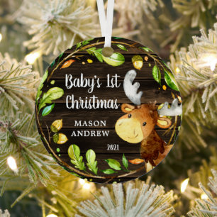 Rustic Woodland Moose Baby's First Christmas Metal Tree Decoration