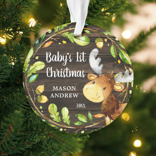 Rustic Woodland Moose Baby's First Christmas Ornament