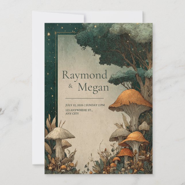 Rustic Woodland Mushroom Forest Deep Teal Invitation (Front)