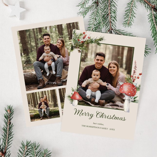 Rustic Woodland Mushrooms Christmas 4 Photo Holiday Card (Creator Uploaded)