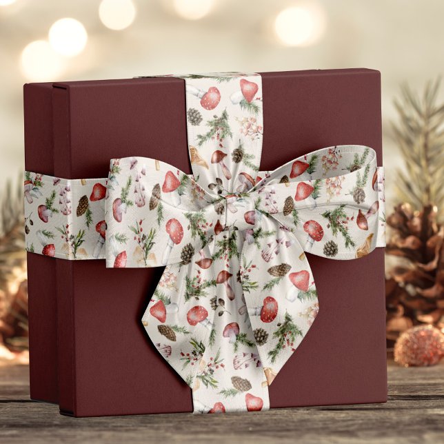 Rustic Woodland Mushrooms Christmas Satin Ribbon (Creator Uploaded)