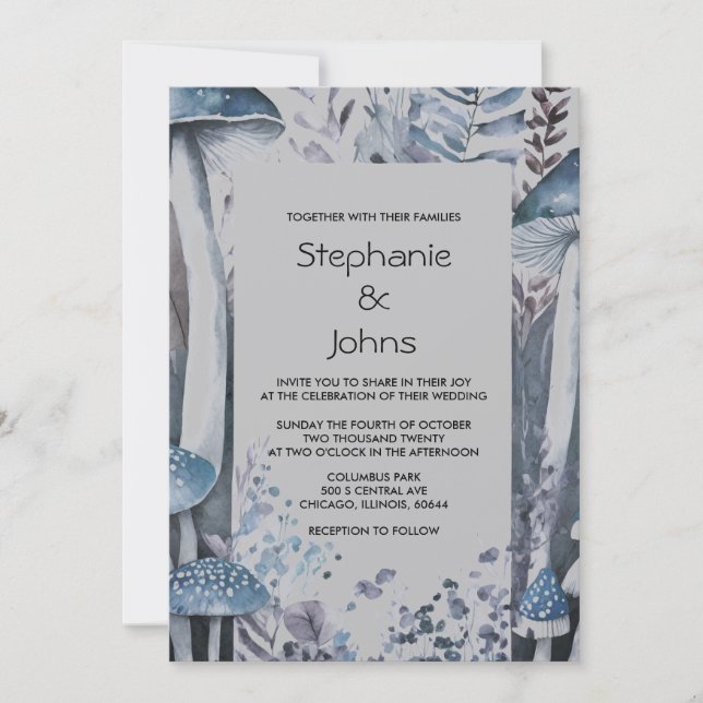 Rustic Woodland Mushrooms Grey Blue Silver Wedding Invitation (Front)