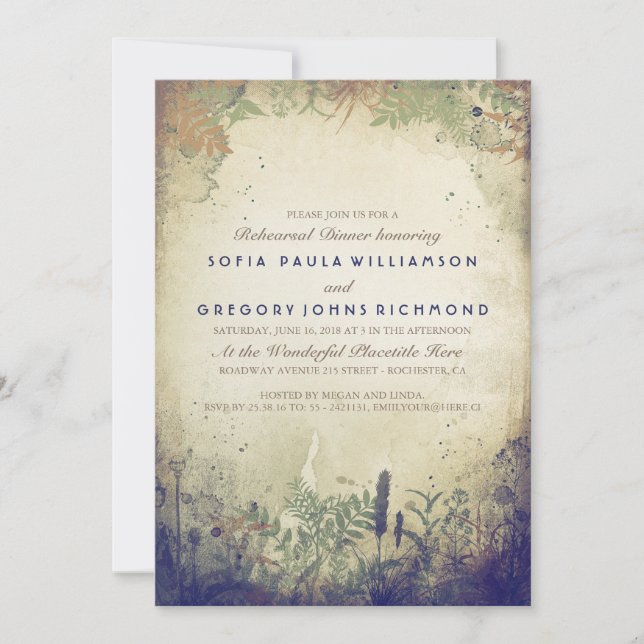 Rustic Woodland Navy Rehearsal Dinner Invitation (Front)