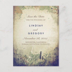 Rustic Woodland Navy Save the Date Postcards