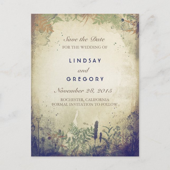 Rustic Woodland Navy Save the Date Postcards (Front)