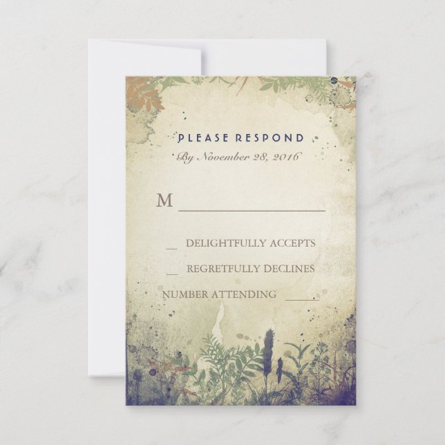Rustic Woodland Navy Wedding RSVP Card (Front)