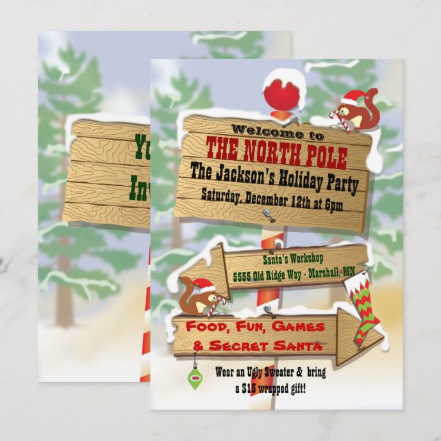 Rustic Woodland North Pole Signs Holiday Party Invitation (Front/Back)