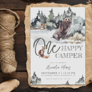 Rustic Woodland One Happy Camper Birthday Invitation