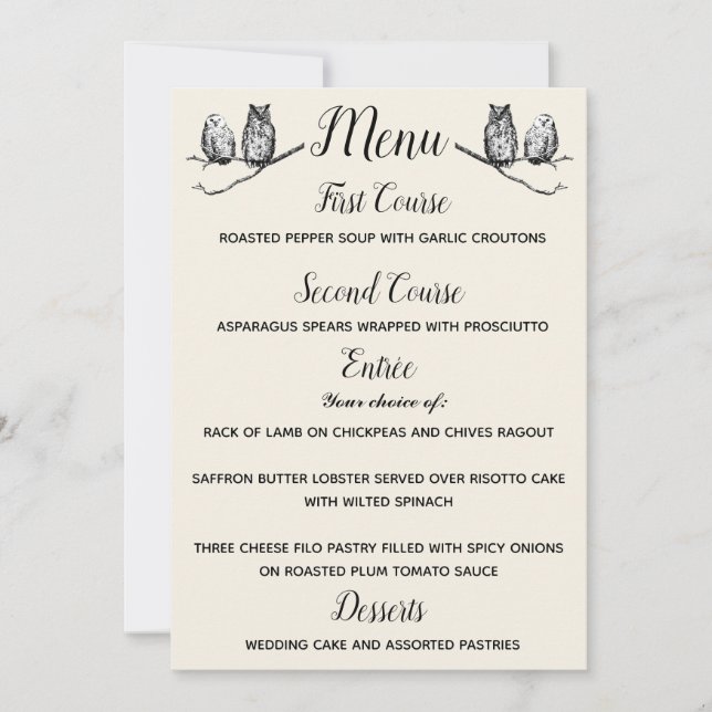 Rustic Woodland Owls Menu Invitation (Front)