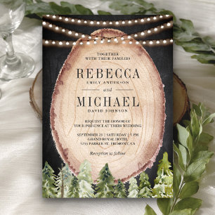 Rustic Woodland Pine Forest Wood Slice Wedding Invitation