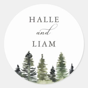 Rustic Woodland Pine Tree Wedding Classic Round Sticker