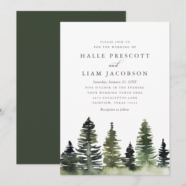 Rustic Woodland Pine Trees Wedding Invitation (Front/Back)