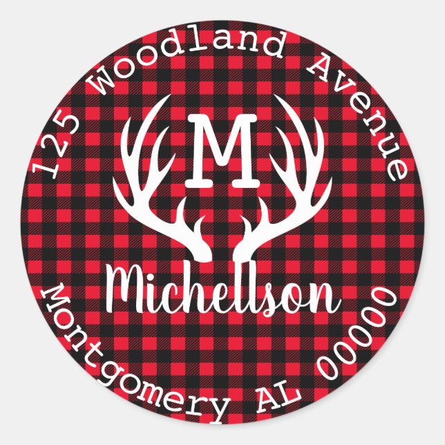 Rustic Woodland Plaid White Deer Antlers Address Classic Round Sticker (Front)