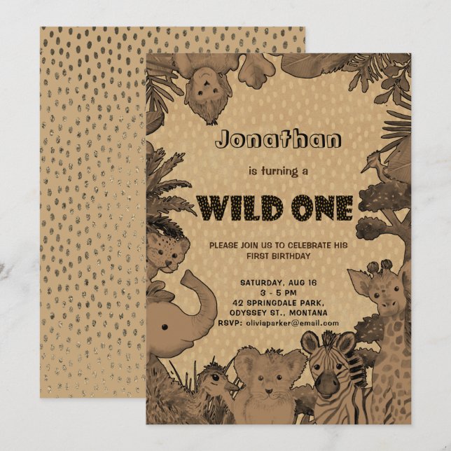 Rustic Woodland Rain Forest Animals Brown Kraft Invitation (Front/Back)