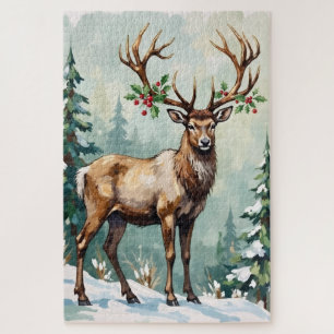 Rustic Woodland Reindeer Elegant Christmas Art Jigsaw Puzzle