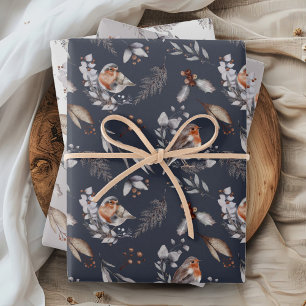 Rustic Woodland Robin Winter Leaves Wrapping Paper Sheet