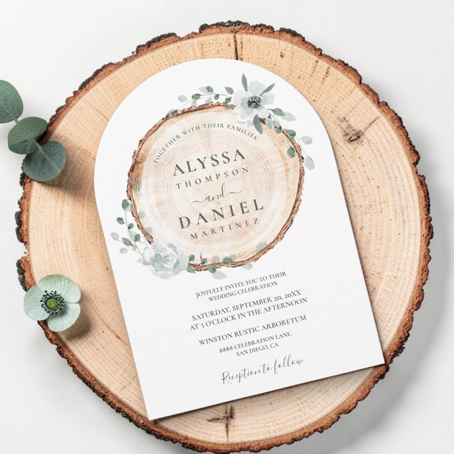 Rustic Woodland Sage Watercolor floral Wedding Invitation (arch wedding invitation, wood cut slice and watercolor rustic flowers and greenery.)