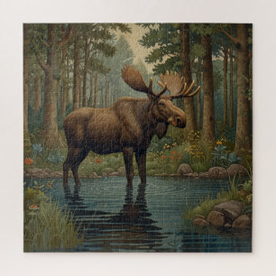 Rustic Woodland Serenity moose art Jigsaw Puzzle