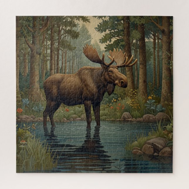 Rustic Woodland Serenity moose art Jigsaw Puzzle (Vertical)