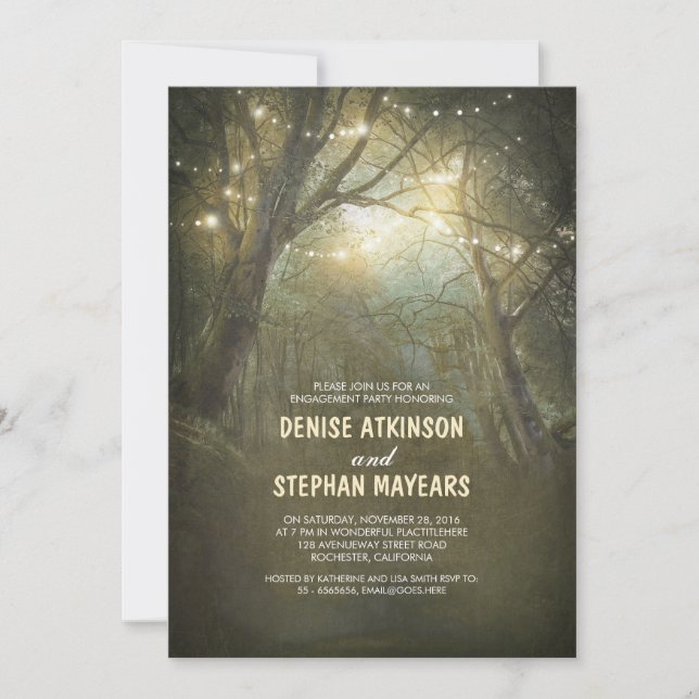 Rustic Woodland String Lights Engagement Party Invitation (Front)
