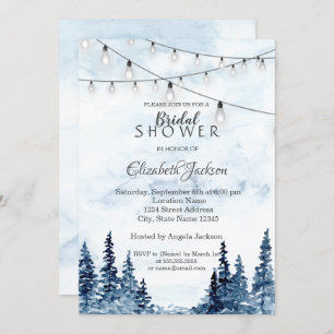 Rustic Woodland, String Lights, Watercolor Invitation