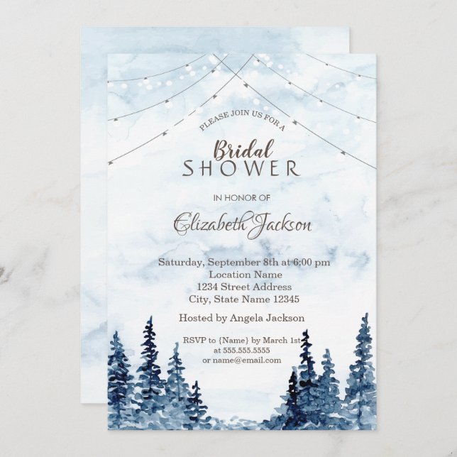 Rustic Woodland, String Lights, Watercolor Invitation (Front/Back)