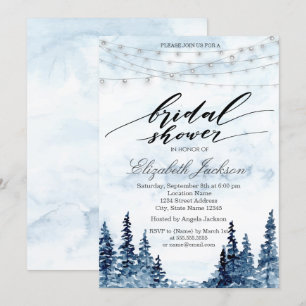 Rustic Woodland, String Lights, Watercolor Trees Invitation