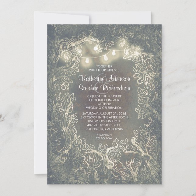 Rustic Woodland String Lights Wedding Invites (Front)